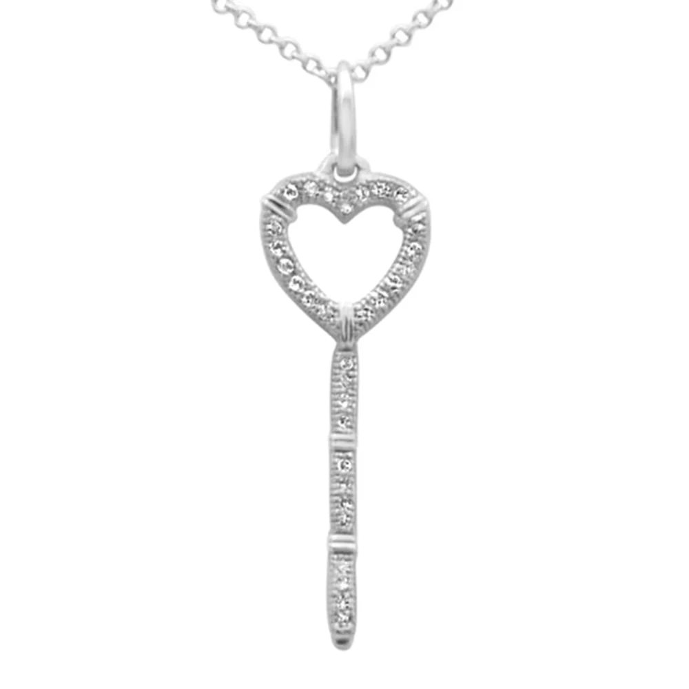 <span style="color:purple">SPECIAL!</span> .09ct G SI 14K White Gold Diamond Heart Key Pendant Necklace 18" Long
