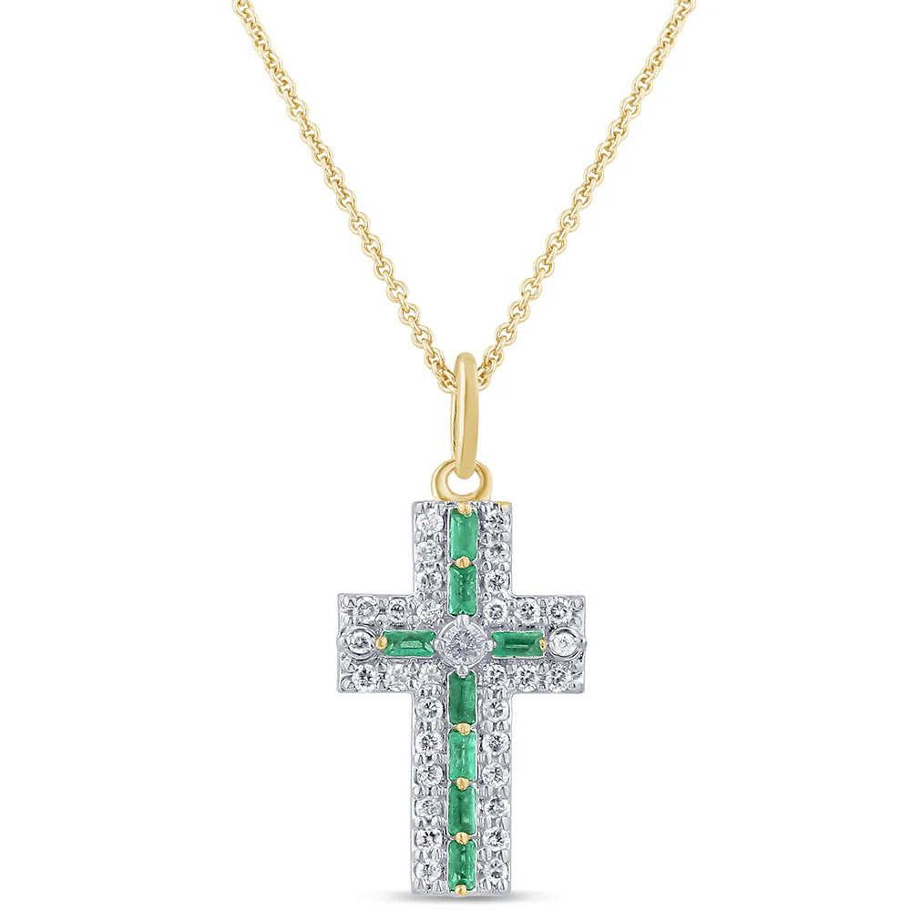 <span style="color:purple">SPECIAL!</span> .35ct G SI 14K Yellow Gold Diamond & Emerald Gemstone Cross Pendant Necklace 16" + 2" Ext