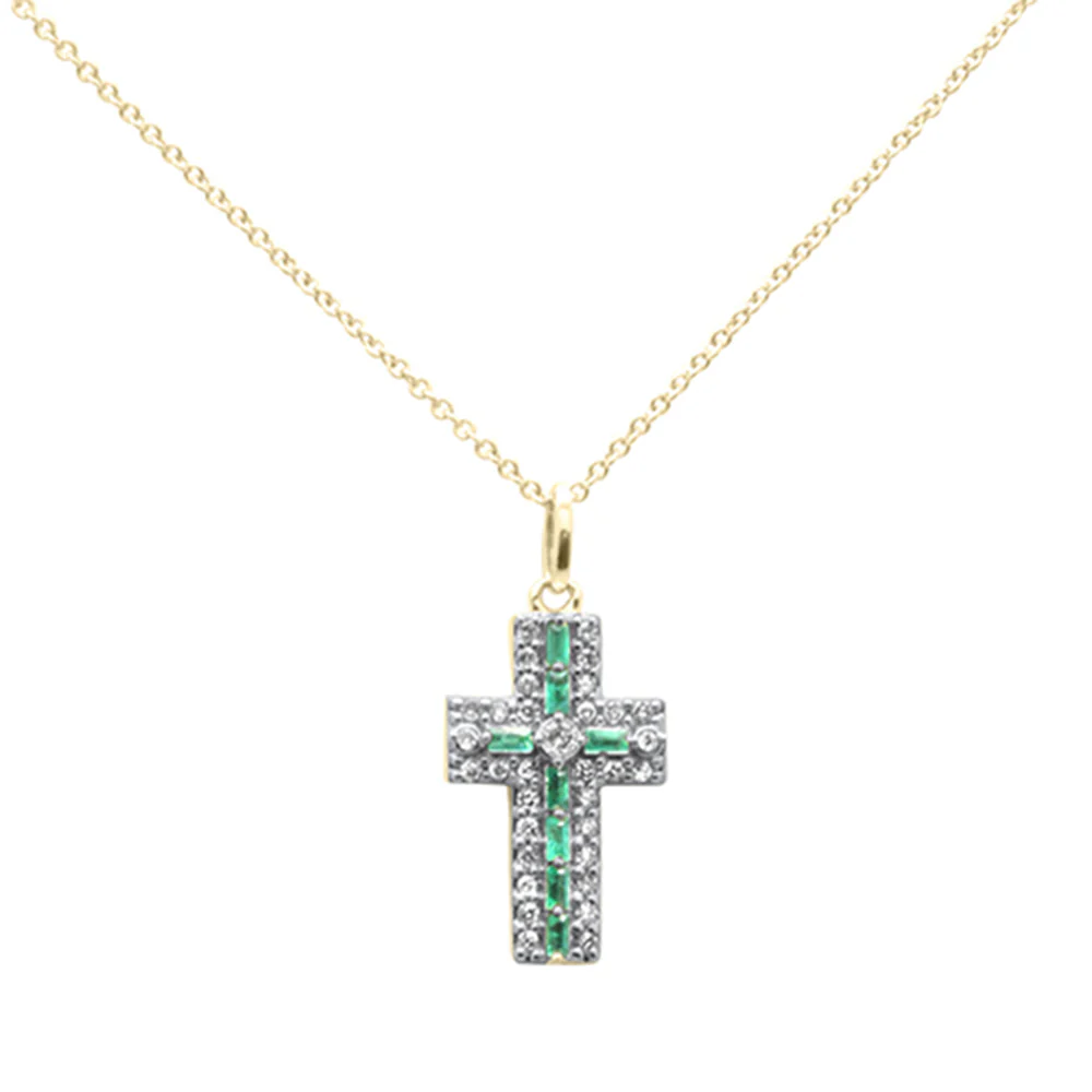 <span style="color:purple">SPECIAL!</span> .35ct G SI 14K Yellow Gold Diamond & Emerald Gemstone Cross Pendant Necklace 16" + 2" Ext - Image 2