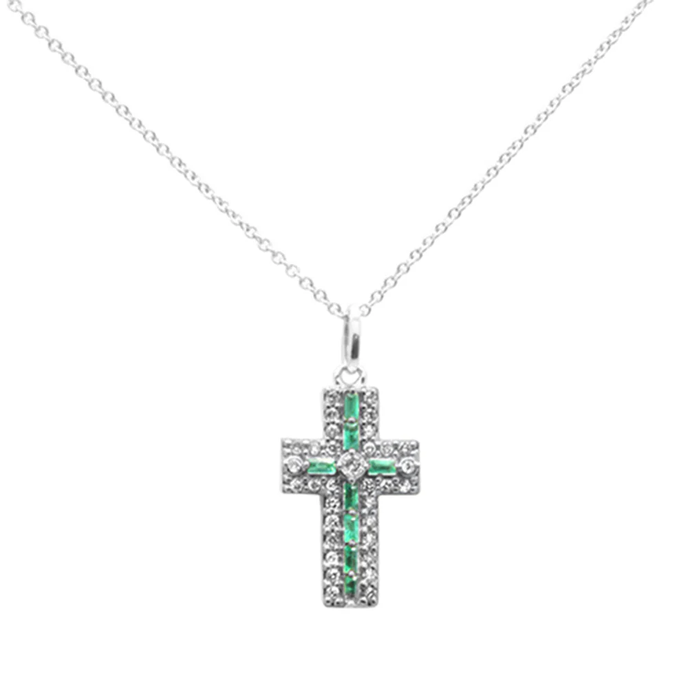 <span style="color:purple">SPECIAL!</span> .35ct G SI 14K White Gold Diamond & Emerald Gemstone Cross Pendant Necklace 16" + 2" Ext - Image 2