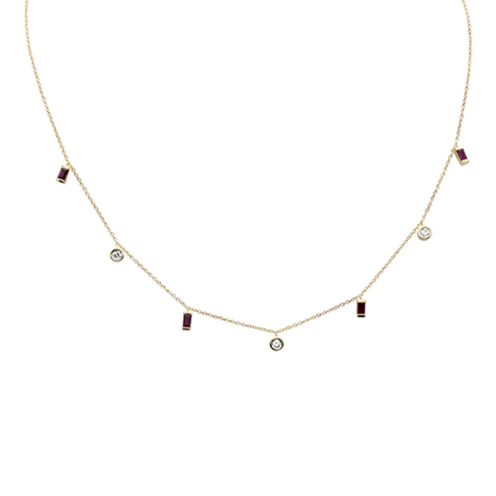 <span style="color:purple">SPECIAL!</span> .73ct G SI 14K Yellow Gold Diamond & Ruby Gemstone Dangling Pendant Necklace 16" + 2" Ext