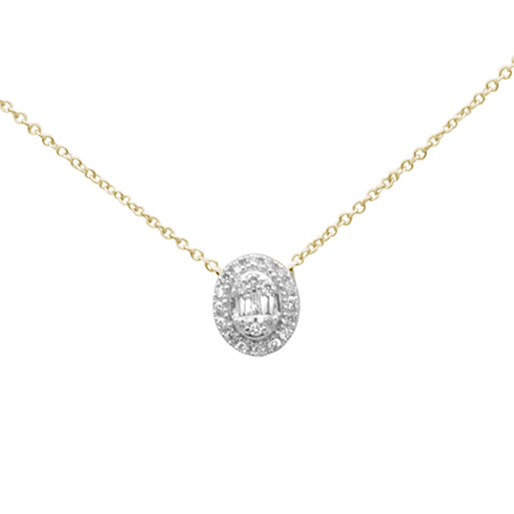 <span style="color:purple">SPECIAL!</span> .16ct G SI 14K Yellow Gold Diamond Round & Baguette Oval Shape Pendant Necklace 16" + 2" Ext