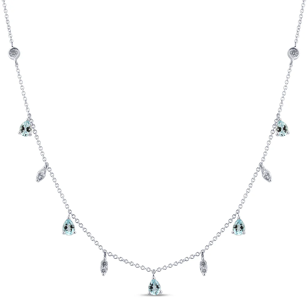 <span>DIAMOND CLOSEOUT! </span> .79ct G SI 14K White Gold Diamond & Aquamarine Gemstone Dangling Pendant Necklace 16" + 2" Ext