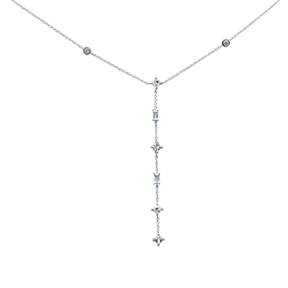 <span>DIAMOND CLOSEOUT! </span>.60ct G SI 14K White Gold Diamond & Aquamarine Gemstone Drop Lariat Pendant Necklace 18" Long