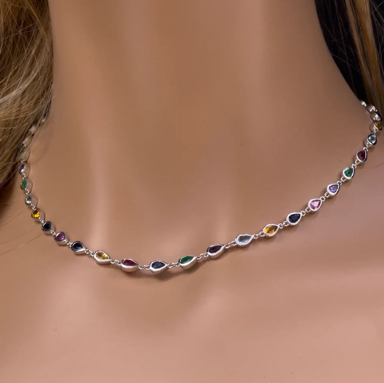 <span>DIAMOND CLOSEOUT! </span> 6.99ct G SI 14K White Gold Bezel Set Multi Color Gemstones Pendant Necklace 12+4" Ext Long - Image 2