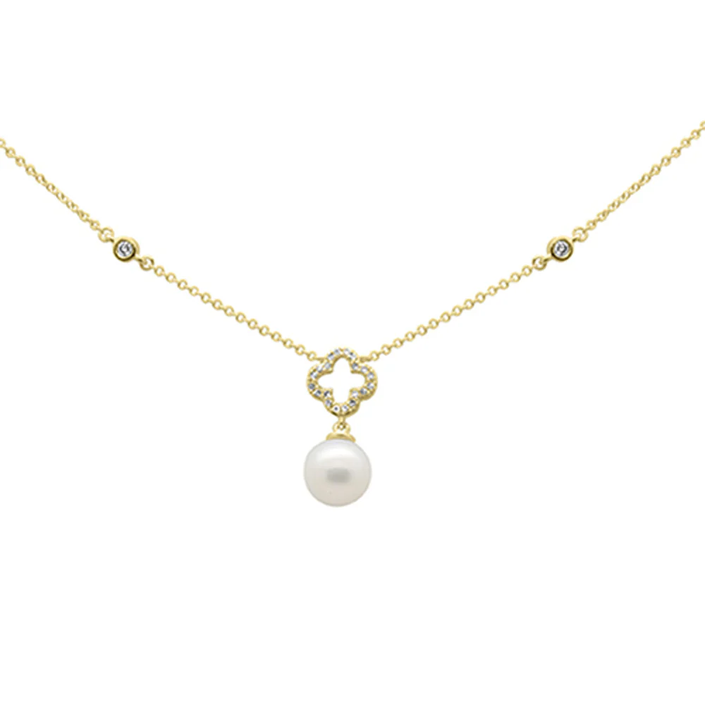 <span style="color:purple">SPECIAL!</span> .11ct G SI 14K Yellow Gold Diamond Flower & Pearl Pendant Necklace 16" + 2" EXT