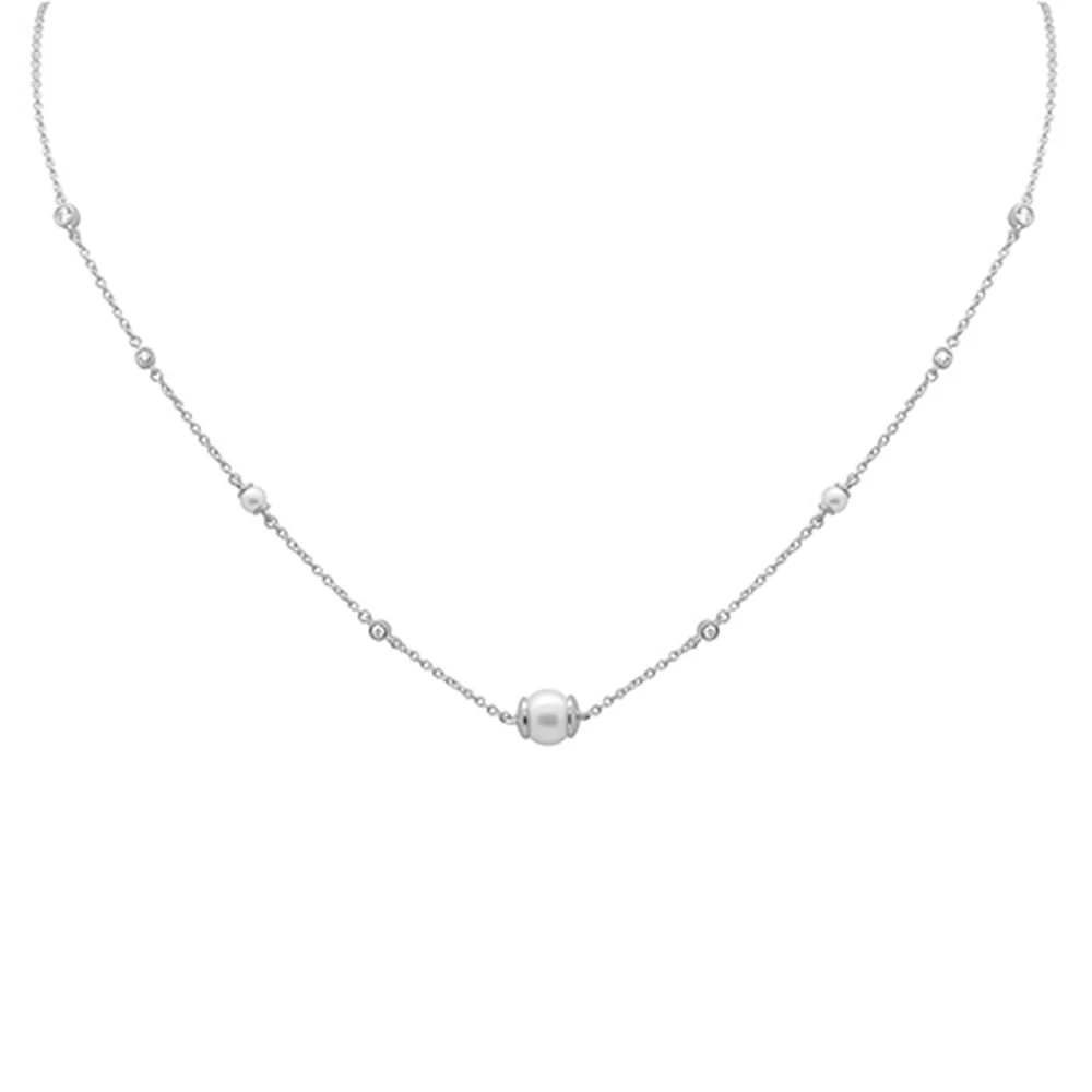 <span style="color:purple">SPECIAL!</span> .16ct G SI 14K White Gold Diamond Pearl Pendant Necklace 16" + 2" EXT