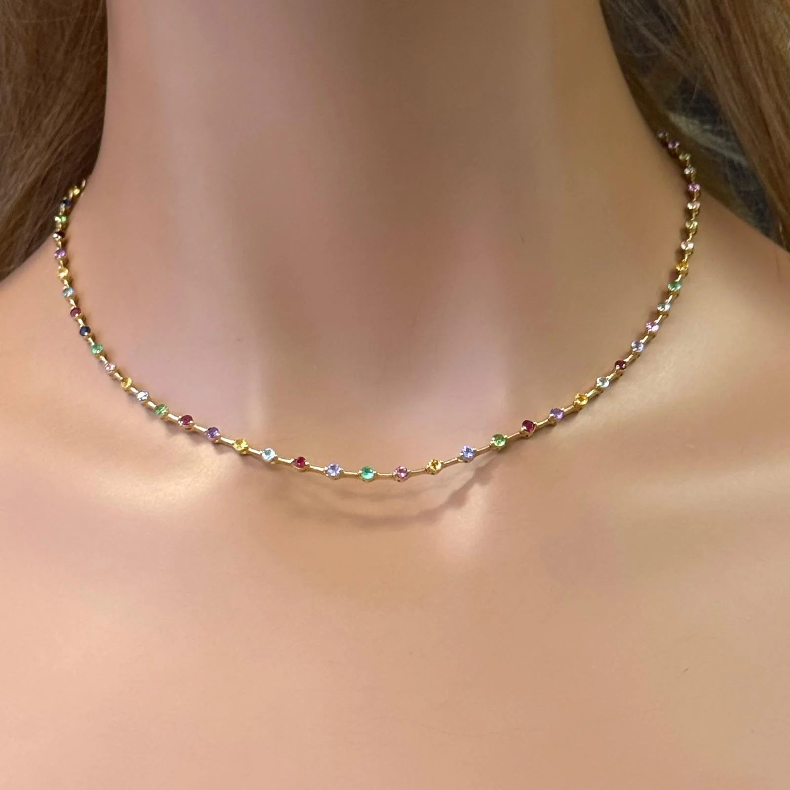 <span>DIAMOND CLOSEOUT! </span>  3.60ct G SI 14K Yellow Gold Multi Color Gemstone Round Bar Link Necklace 16" Long - Image 2
