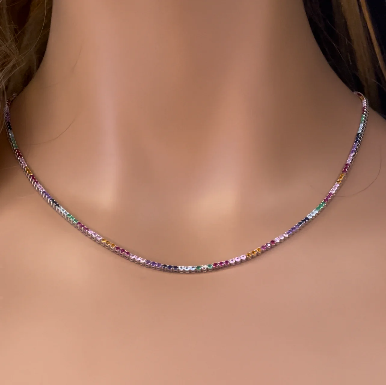 <span>DIAMOND CLOSEOUT! </span> 5.56ct G SI 14K Yellow Gold Diamond & Multi Color Gemstone Tennis Necklace 18"Long - Image 2