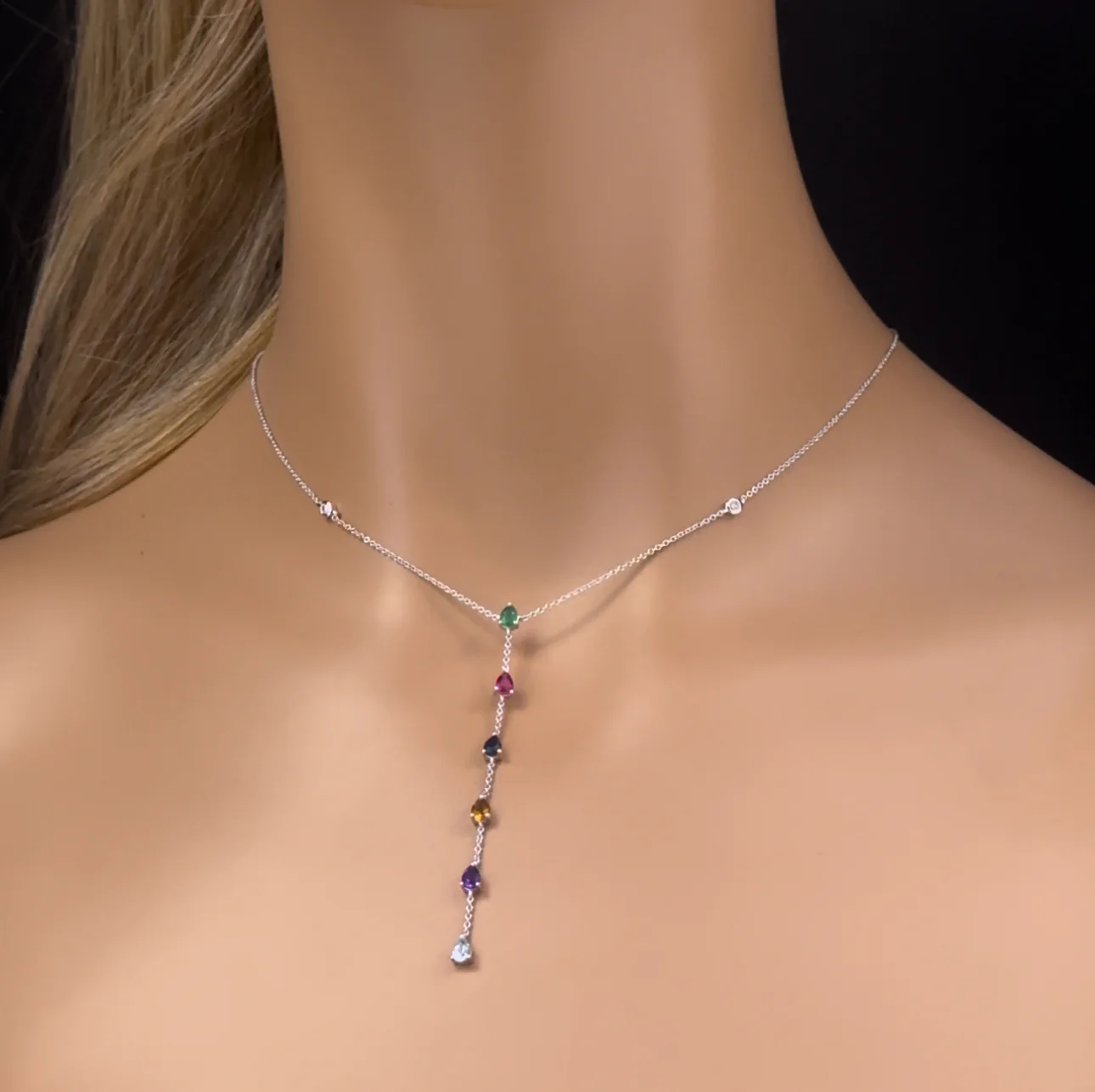 <span>GEMSTONE CLOSEOUT! </span> 1.07ct G SI 14K White Gold Diamond & Multi Color Drop Lariat Necklace 16+2" Ext