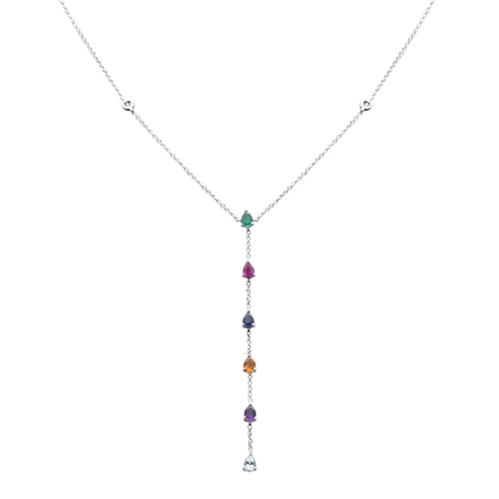 <span>GEMSTONE CLOSEOUT! </span> 1.07ct G SI 14K White Gold Diamond & Multi Color Drop Lariat Necklace 16+2" Ext - Image 2