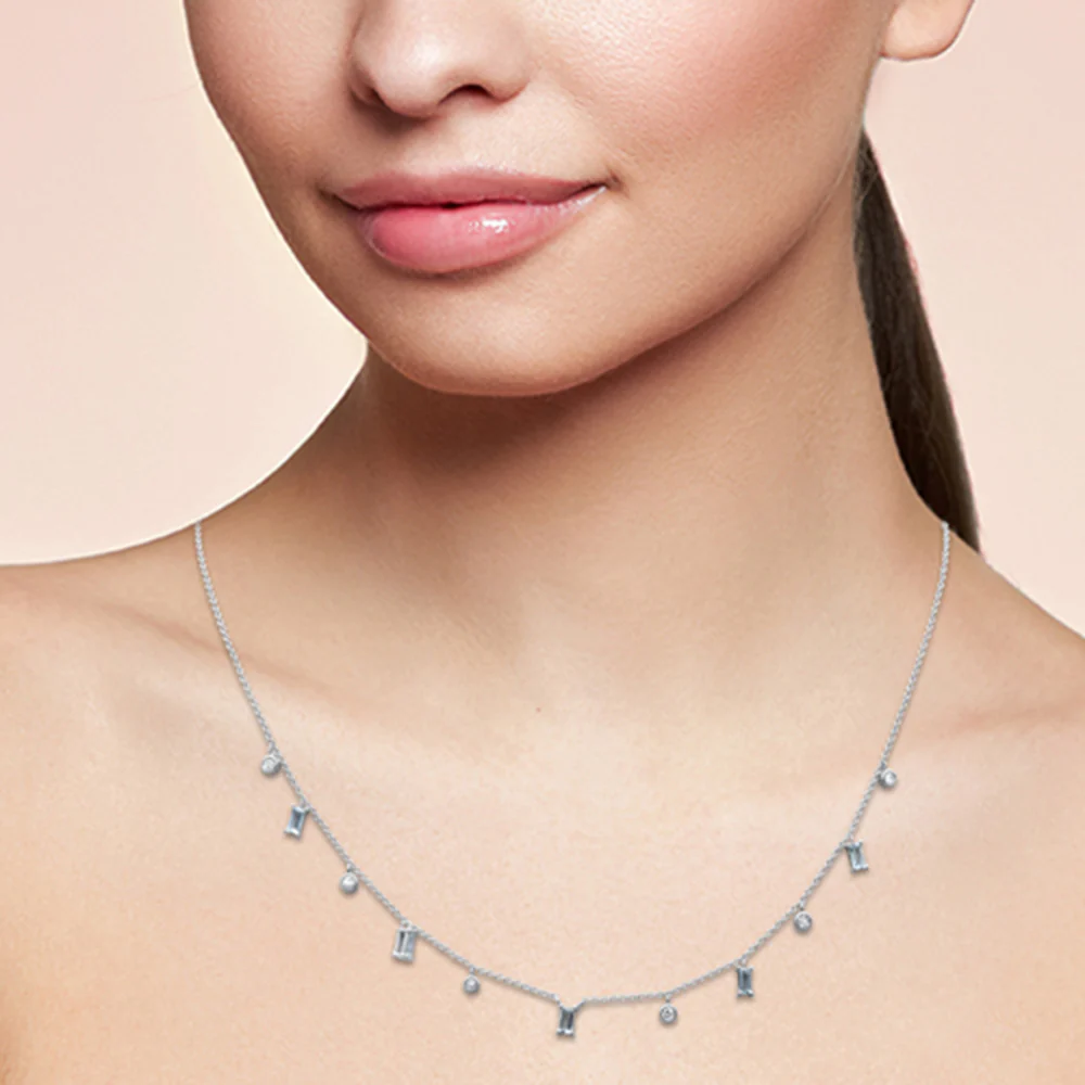 <span style="color:purple">SPECIAL!</span> .69ct G SI 14K White Gold Diamond & Aquamarine Gemstone Necklace 16+2" Ext - Image 2