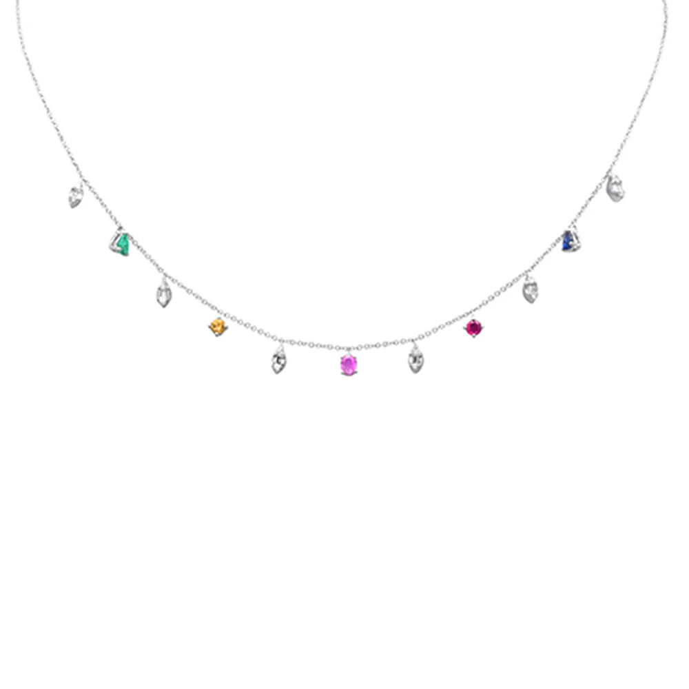 <span>GEMSTONE CLOSEOUT! </span> 1.12ct G SI 14K White Gold Diamond & Multi Color Gemstone Necklace 16+2" Ext
