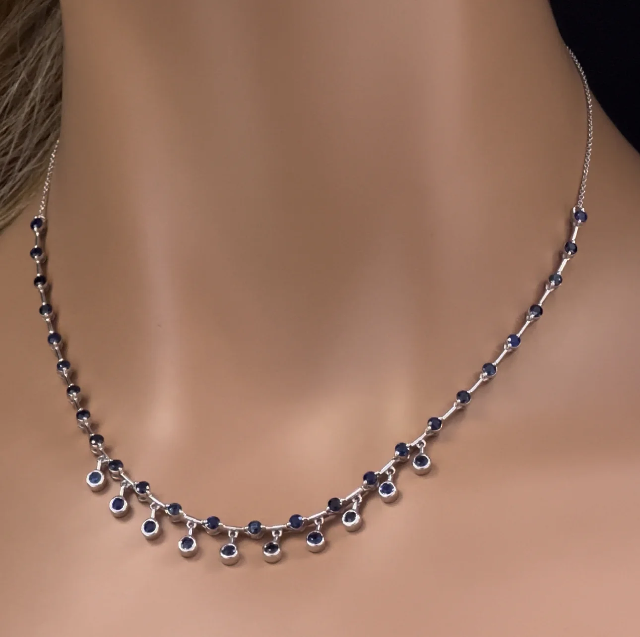<span>DIAMOND CLOSEOUT! </span></span>2.96ct G SI 14K White Gold Blue Sapphire Dangling Necklace 16+2" Ext - Image 2