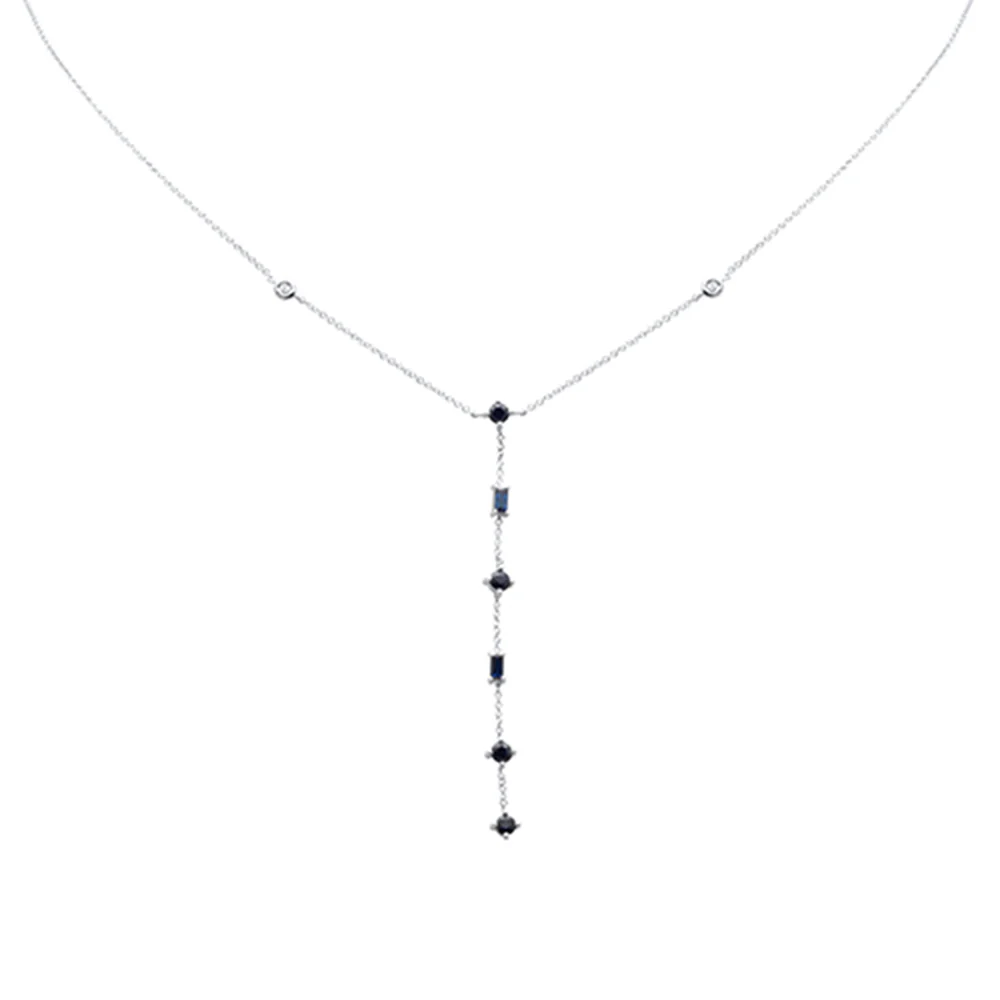 <span style="color:purple">SPECIAL!</span>  .90ct G SI 14K White Gold Diamond & Blue Sapphire Gemstone Lariat Necklace 16" Long