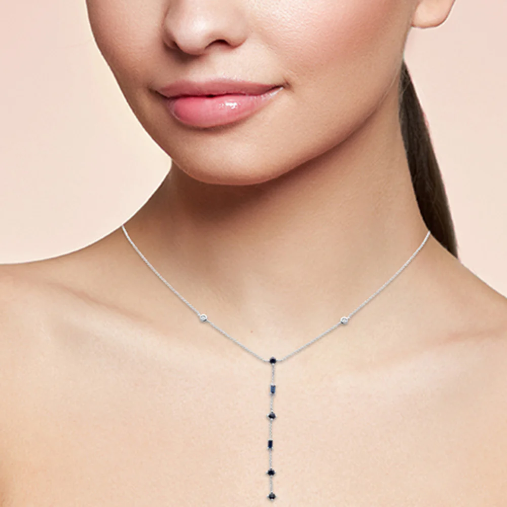 <span style="color:purple">SPECIAL!</span>  .90ct G SI 14K White Gold Diamond & Blue Sapphire Gemstone Lariat Necklace 16" Long - Image 2