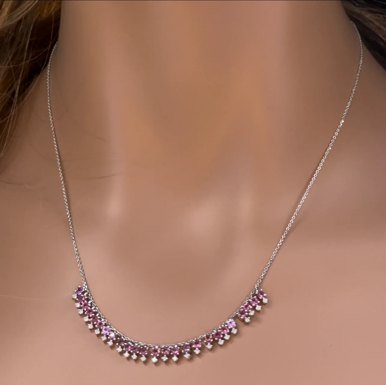 <span>GEMSTONE CLOSEOUT! </span>1.96ct G SI 14K White Gold Diamond & Pink Tourmaline Dangling Necklace 16" + 2" Ext