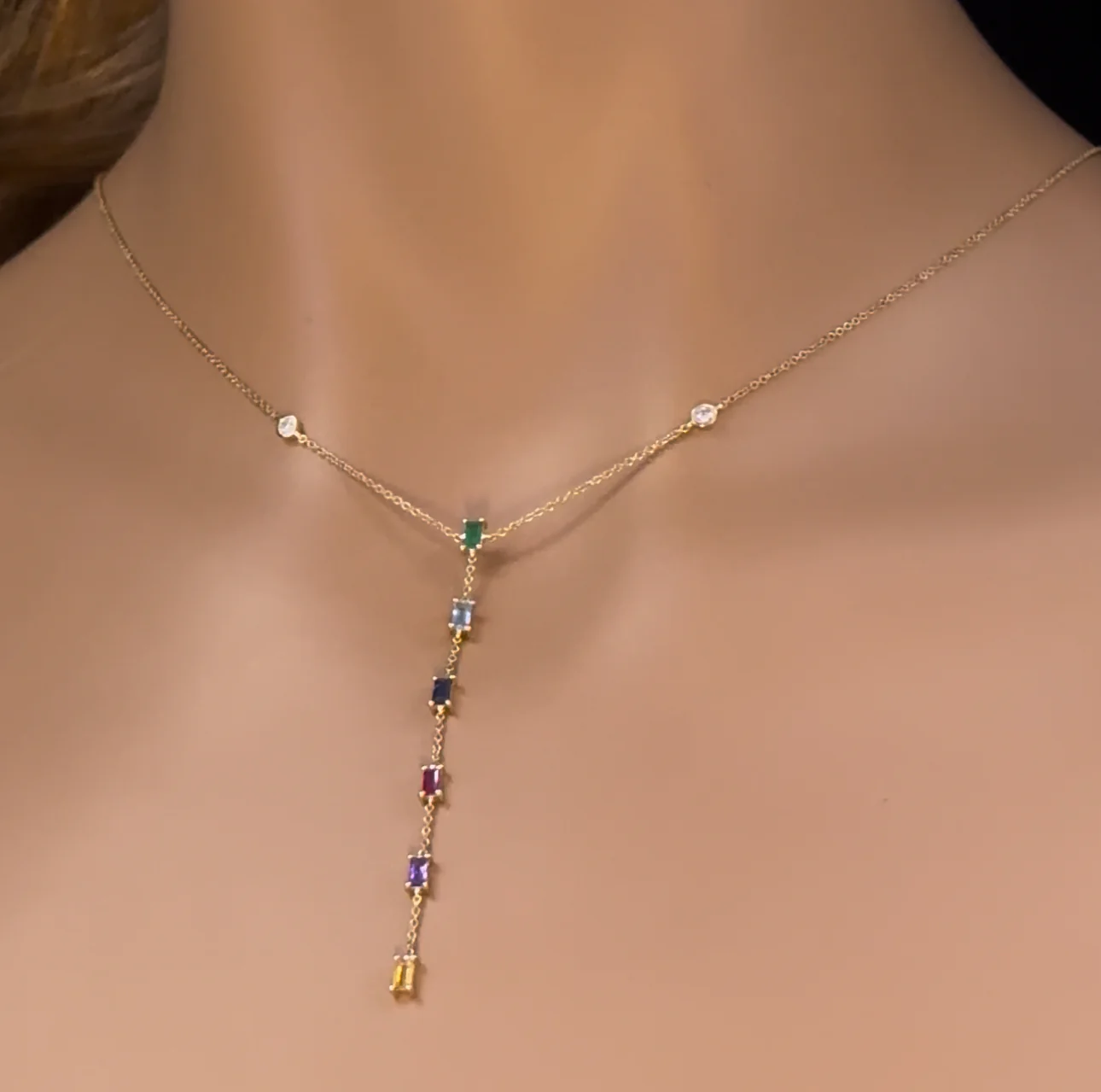 <span>GEMSTONE CLOSEOUT! </span> .67ct G SI 14K White Gold Diamond & Multi Color Lariat Necklace 16 + 2" Ext