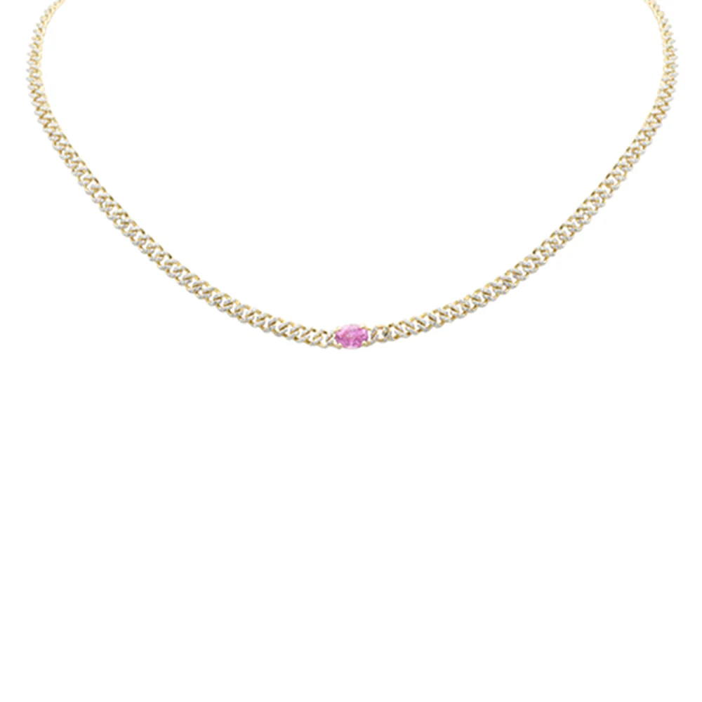 <span style="color:purple">SPECIAL!</span> 1.93ct G SI 14K Yellow Gold Diamond & Pink Sapphire Cuban Chain Necklace 13+3" Ext