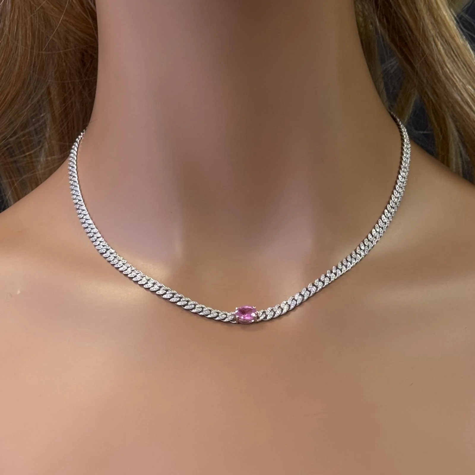 <span>GEMSTONE CLOSEOUT! </span> 1.75ct G SI 14K White Gold Diamond & Pink Sapphire Gemstone Chain Necklace 13+3" Long - Image 2