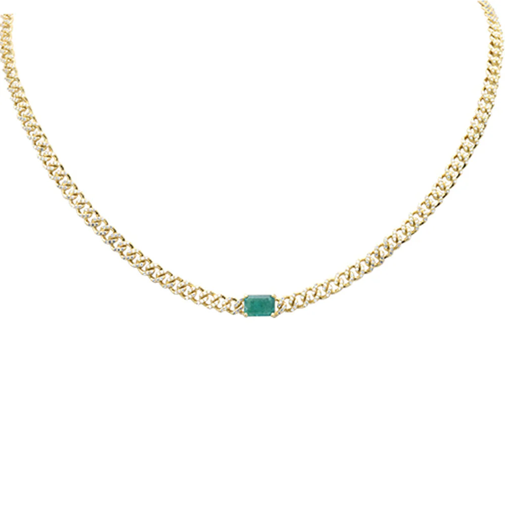 <span style="color:purple">SPECIAL!</span> 1.73ct G SI 14K Yellow Gold Emerald Gemstone & Diamond Cuban Necklace 13+3" Long