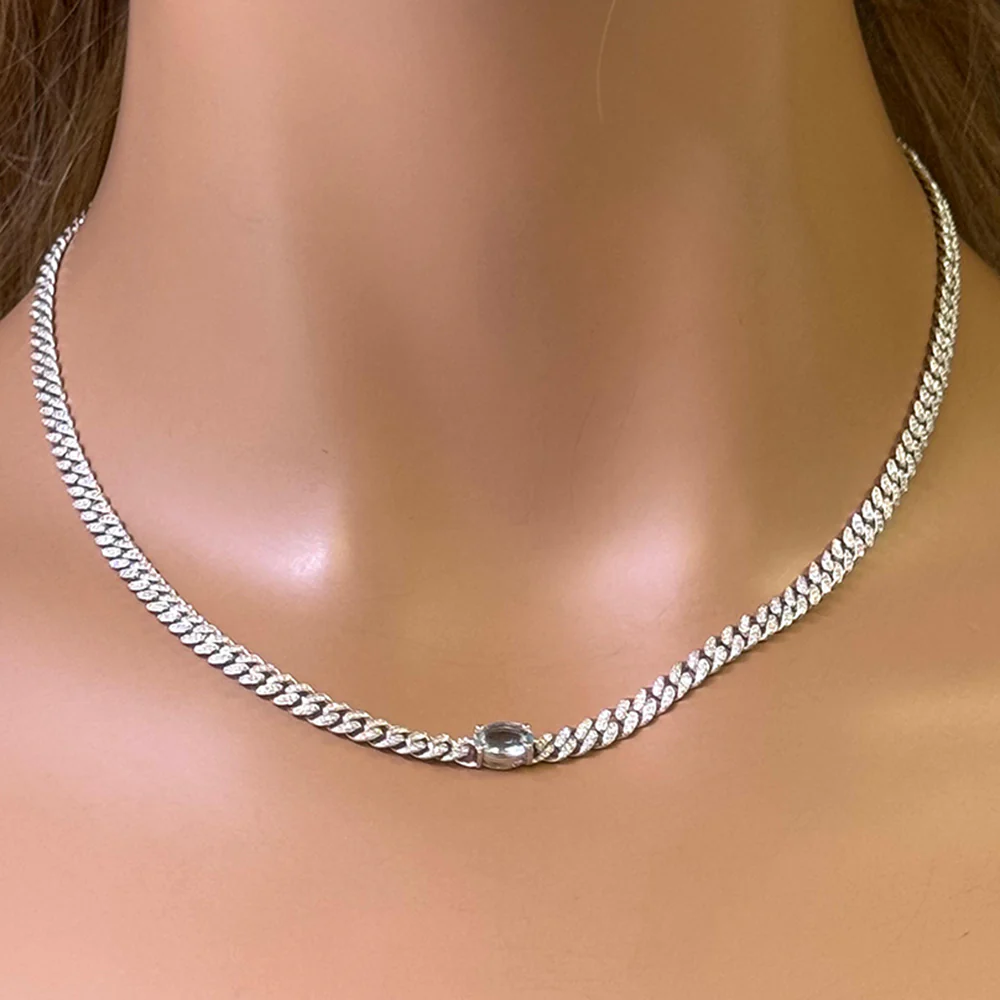 <span style="color:purple">SPECIAL!</span> 2.12ct G SI 14K White Gold Oval Shaped Aqua Gemstone & Diamond Cuban Necklace 13+3" Long