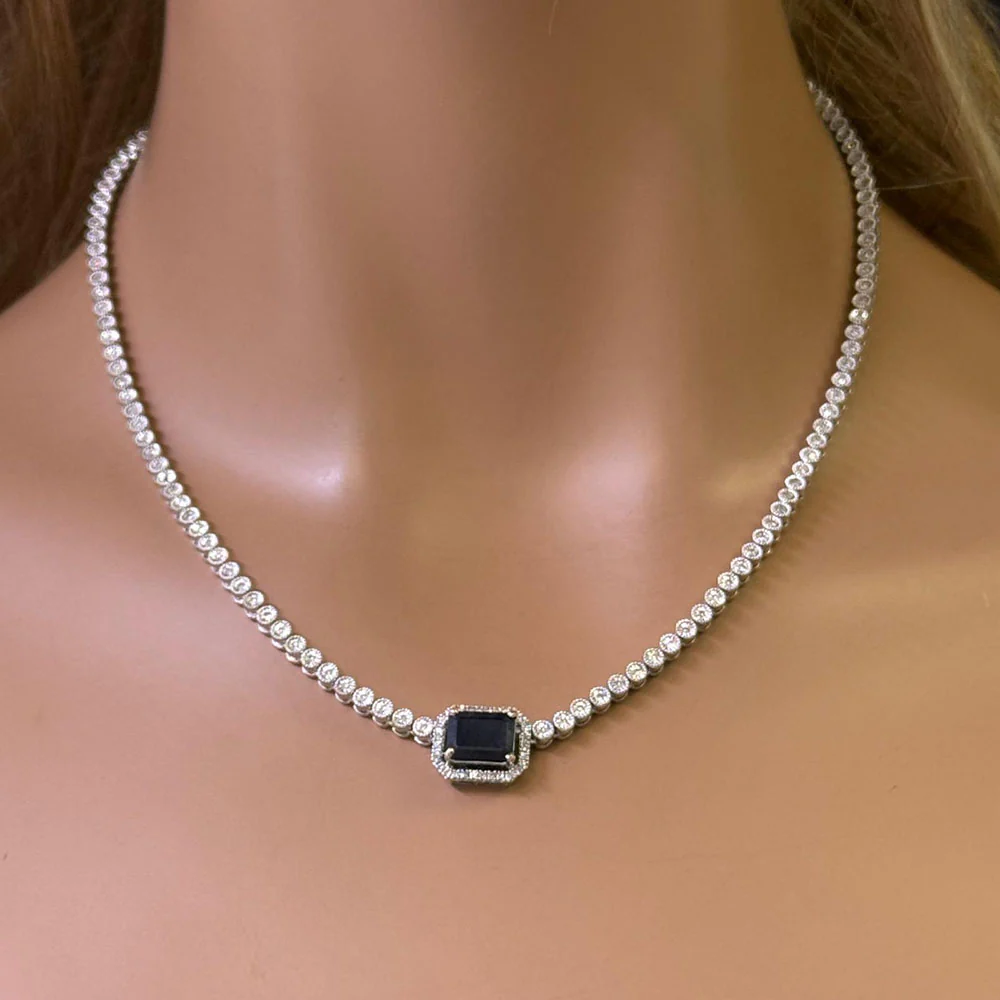 <span style="color:purple">SPECIAL!</span> 4.00ct G SI 14K White Gold Diamond & Blue Sapphire Gemstone Necklace - Image 2