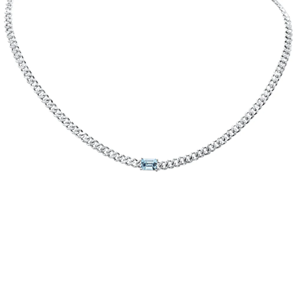 <span style="color:purple">SPECIAL!</span> 2.19ct G SI 14K White Gold Aquamarine Gemstone & Diamond Cuban Necklace 13+3" Long