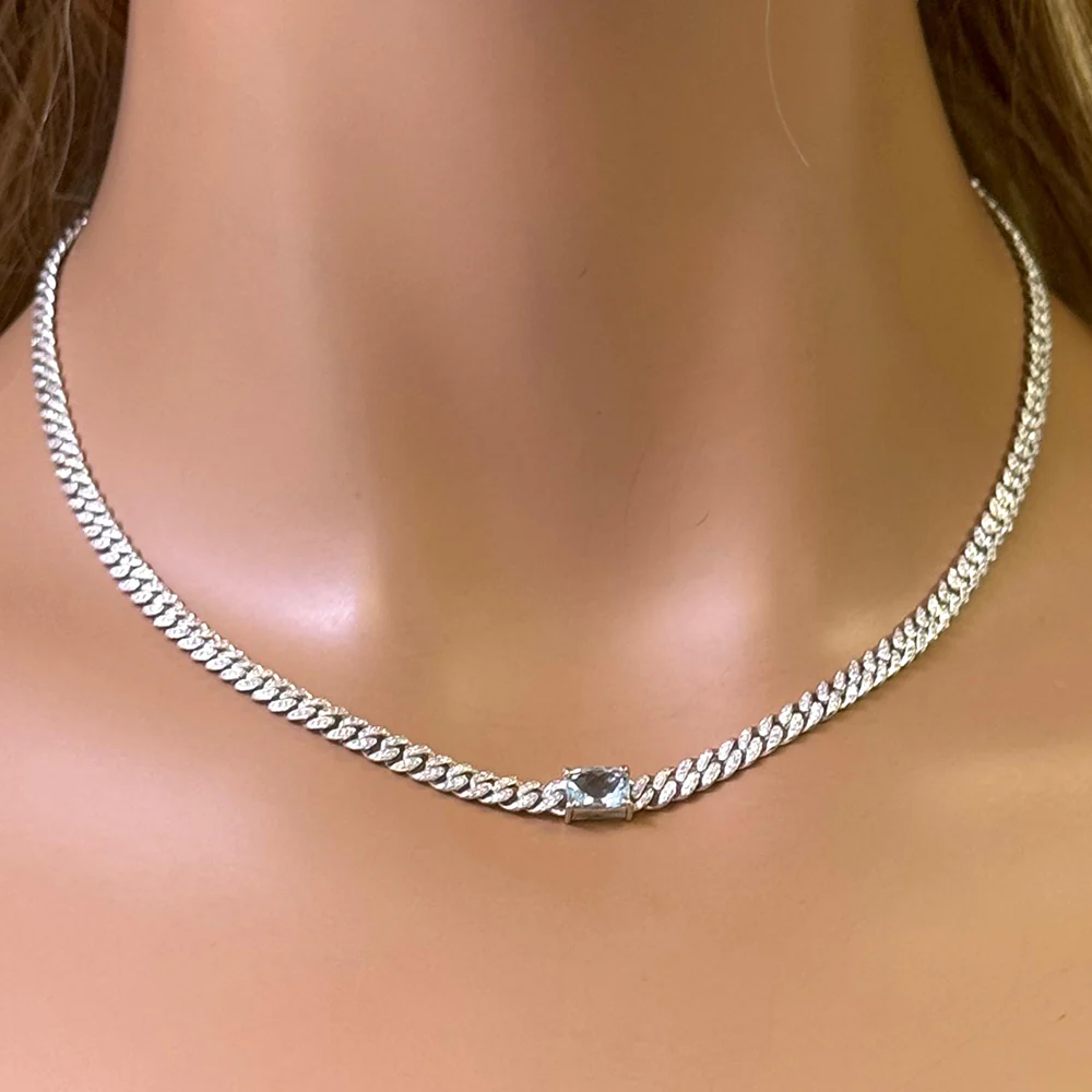 <span style="color:purple">SPECIAL!</span> 2.19ct G SI 14K White Gold Aquamarine Gemstone & Diamond Cuban Necklace 13+3" Long - Image 2