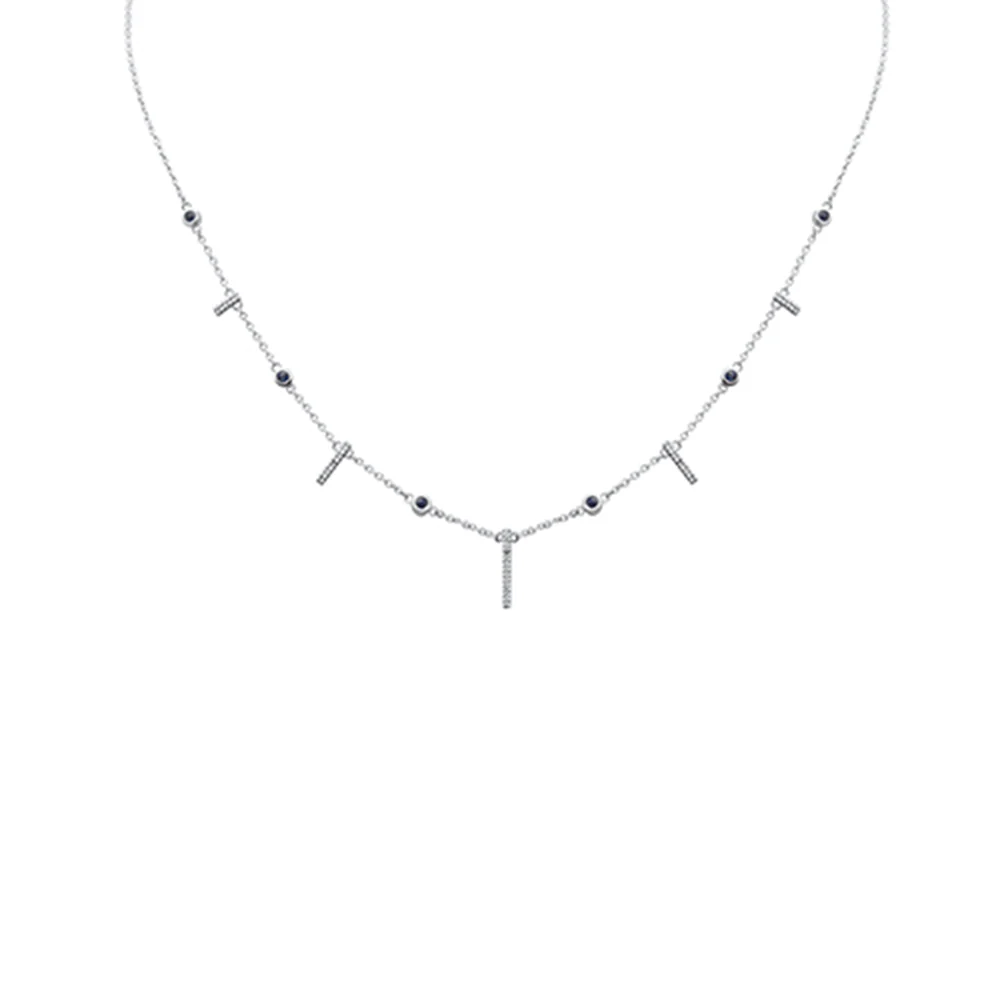 <span>GEMSTONE CLOSEOUT! </span> .25ct G SI 14K White Gold Diamond & Blue Sapphire Dangling Necklace 16 + 2" Ext