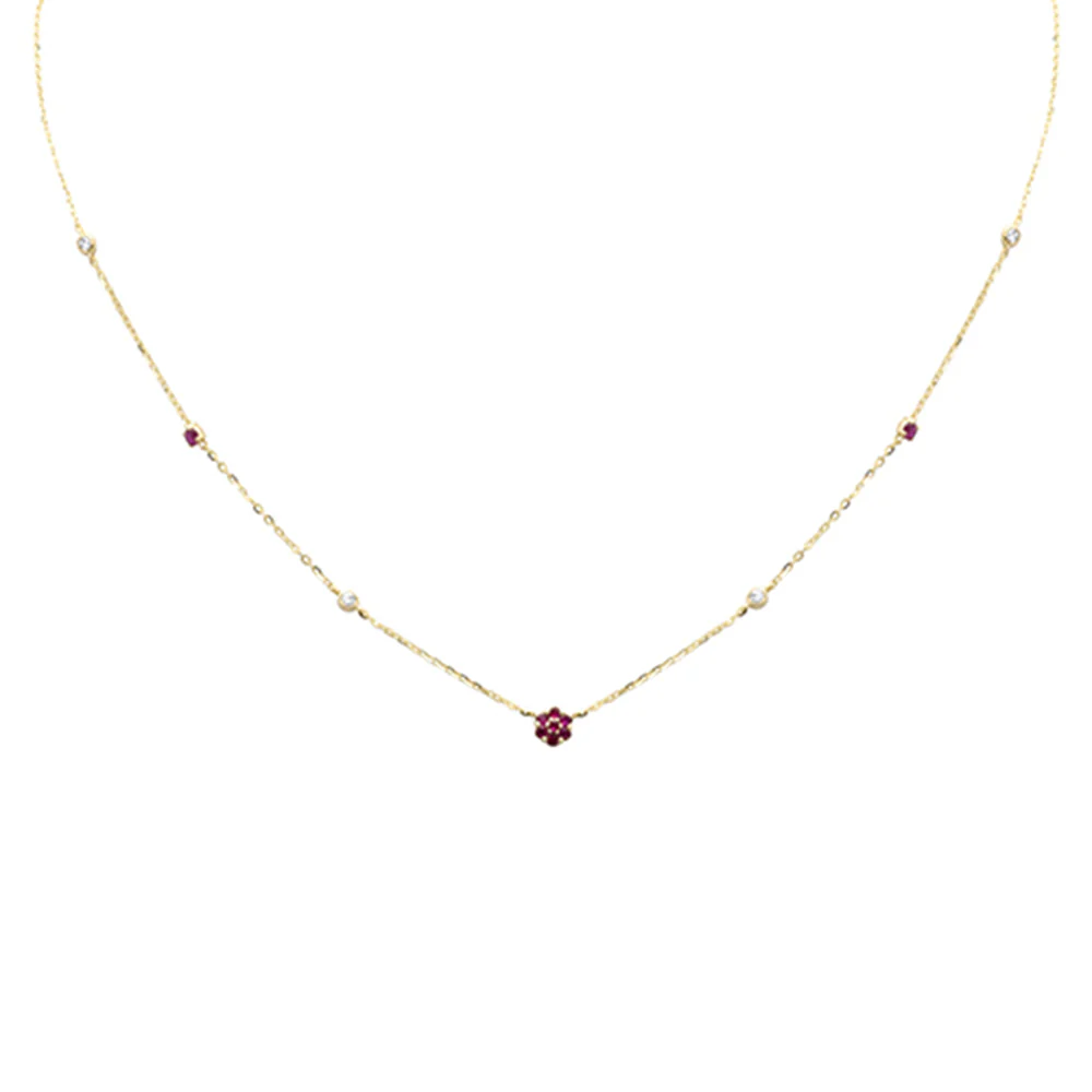 <span style="color:purple">SPECIAL!</span>.35ct G SI 14K Yellow Gold Diamond & Ruby Gemstone Flower Pendant Necklace 16+2" Long