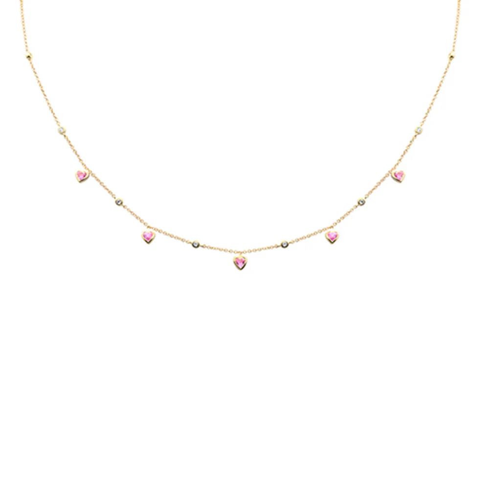 <span style="color:purple">SPECIAL!</span> .84ct G SI 14K Yellow Gold Round Diamond & Pink Sapphire Hearts Necklace 16 + 2" Ext