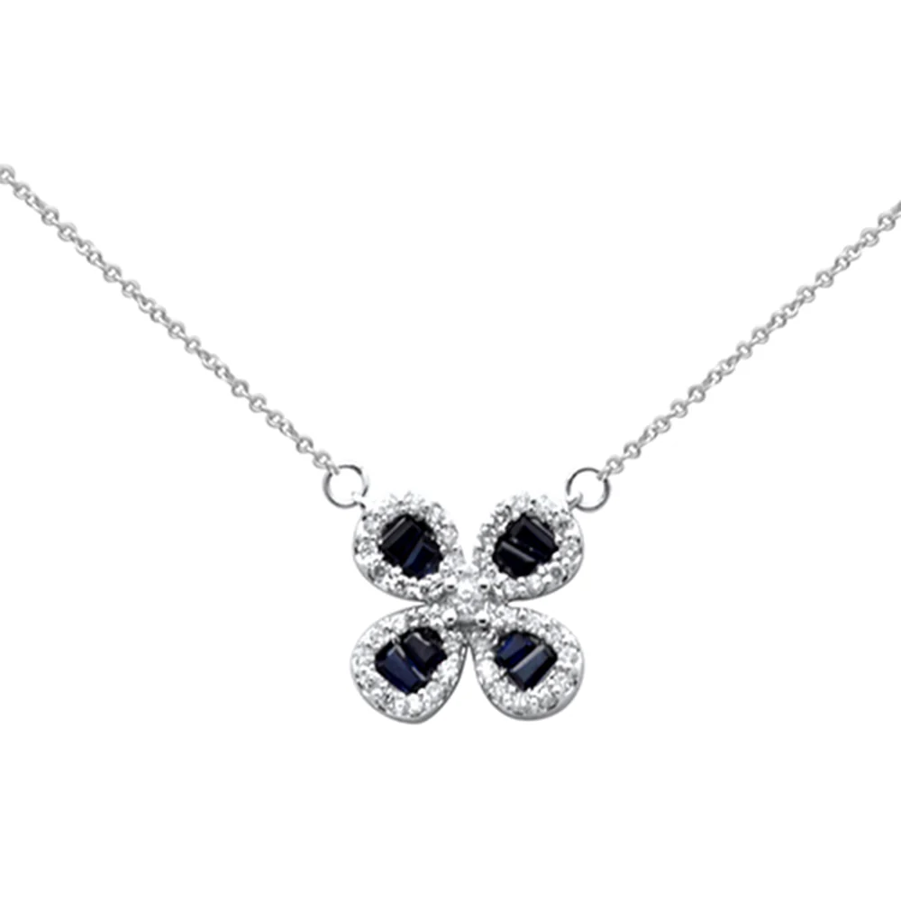 <span style="color:purple">SPECIAL!</span> .83ct G SI 14K White Gold Diamond & Blue Sapphire Flower Pendant Necklace 16" + 2" EXT