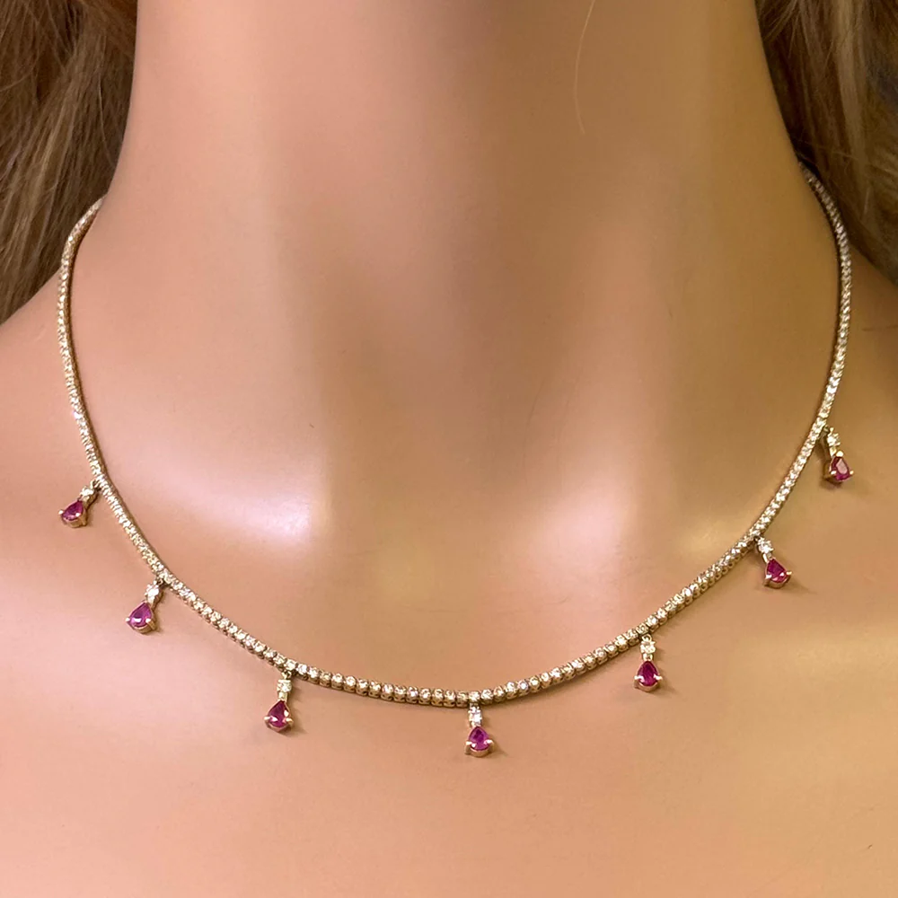 <span style="color:purple">SPECIAL!</span> 3.44ct G SI 14K Yellow Gold Diamond & Ruby Tennis Necklace 14" + 2" EXT