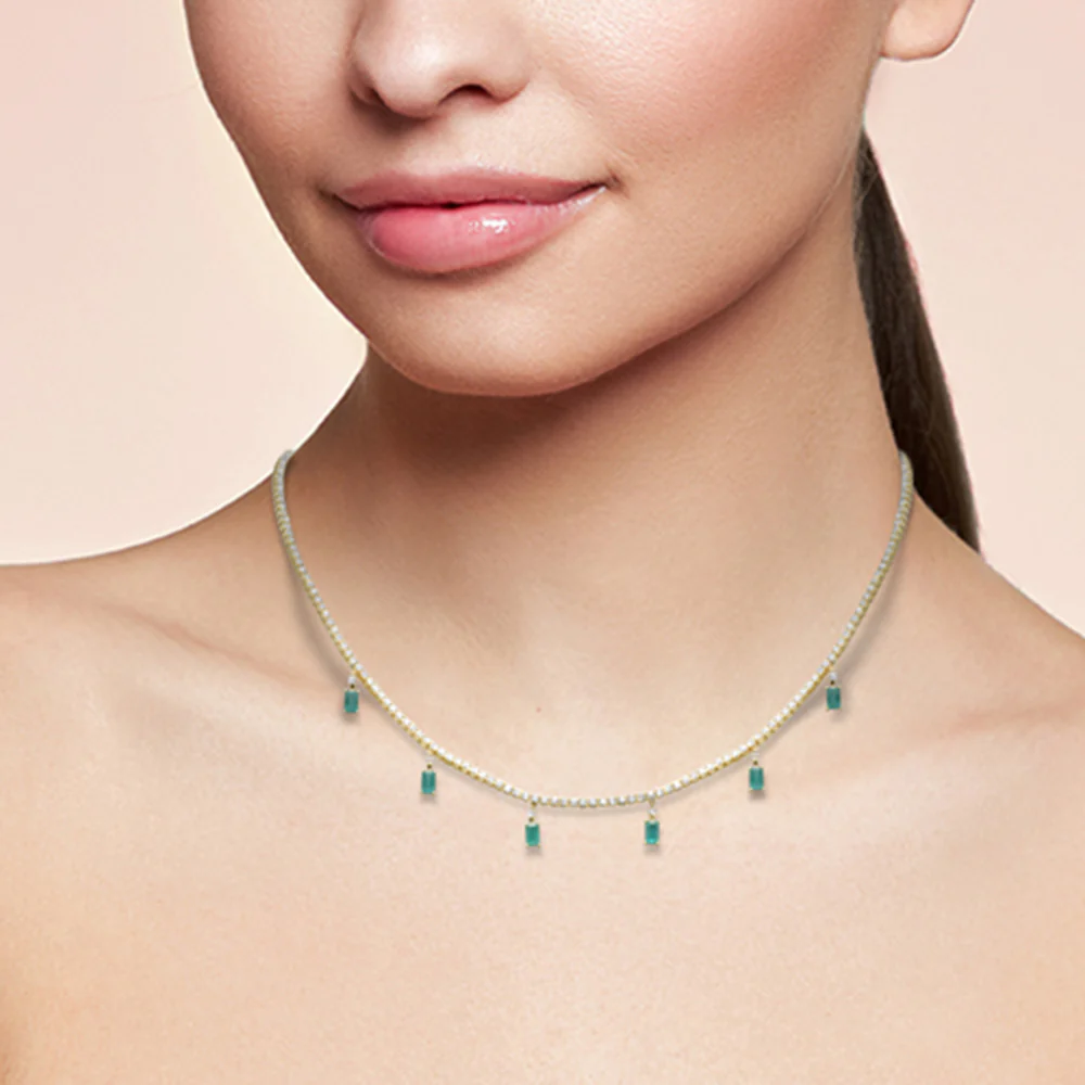 <span style="color:purple">SPECIAL!</span> 5.64ct G SI 14K Yellow Gold Diamond & Green Emerald Tennis Necklace 13" + 6" EXT - Image 2