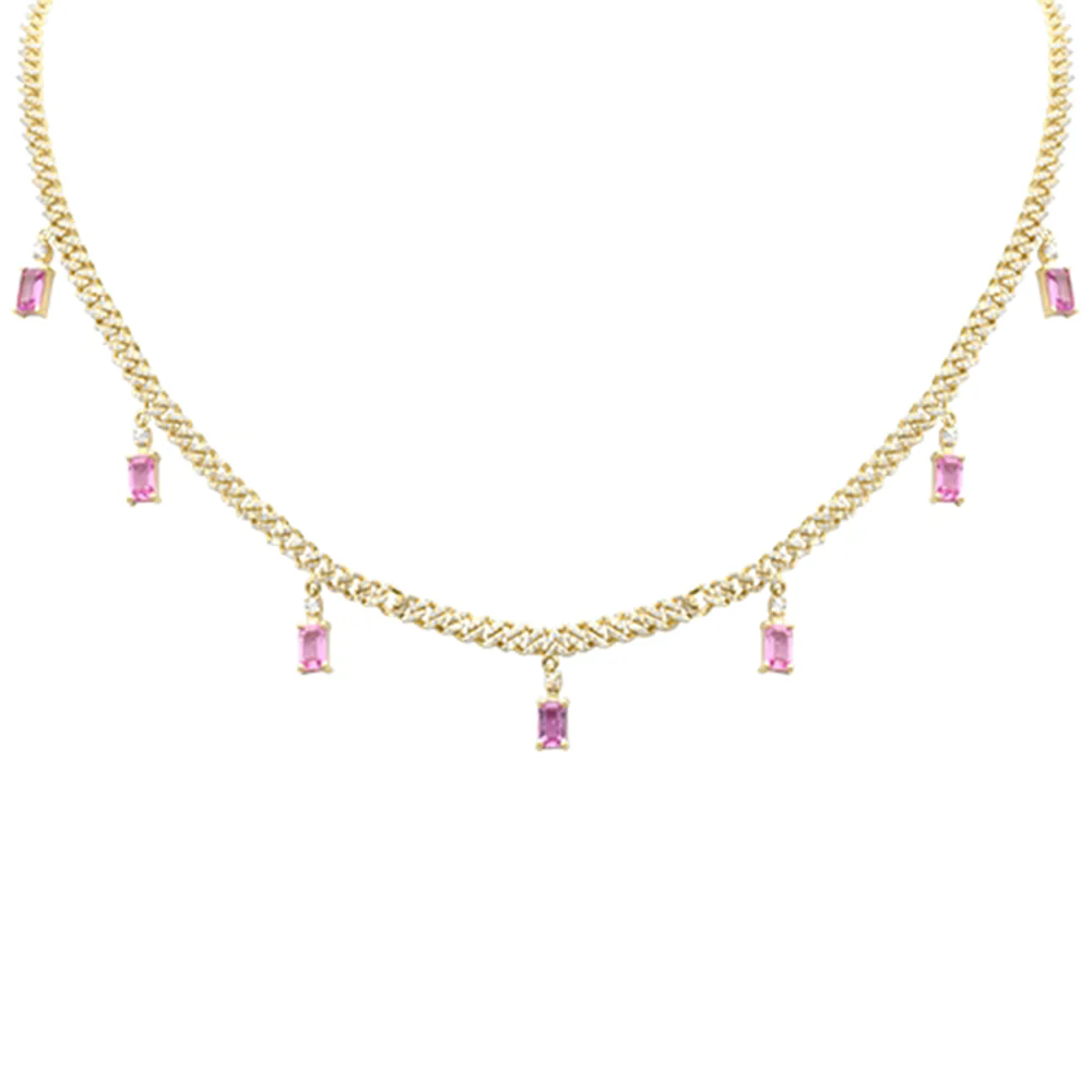 <span style="color:purple">SPECIAL!</span> 3.47ct G SI 14K Yellow Gold Diamond & Pink Sapphire Cuban Link Necklace 12" + 4" EXT