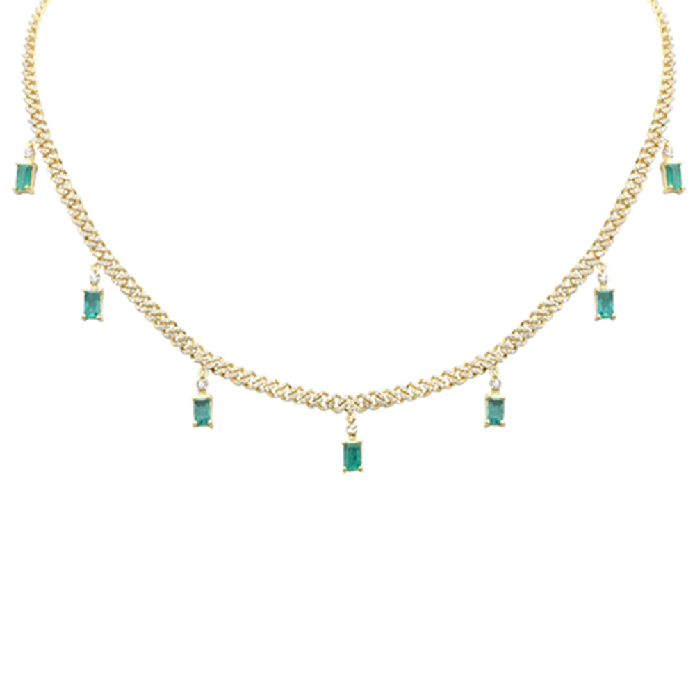 <span style="color:purple">SPECIAL!</span> 3.05ct G SI 14K Yellow Gold Diamond & Emerald Cuban Link Necklace 12" + 4" EXT