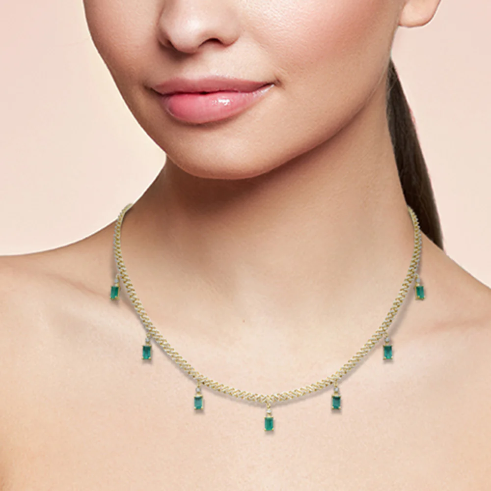 <span style="color:purple">SPECIAL!</span> 3.05ct G SI 14K Yellow Gold Diamond & Emerald Cuban Link Necklace 12" + 4" EXT - Image 2