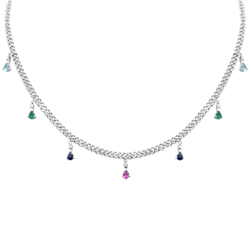 <span>GEMSTONE CLOSEOUT! </span> 2.52ct G SI 14K White Gold Diamond & Multi Color Gemstone Cuban Link Necklace 12" + 2" EXT - Image 2