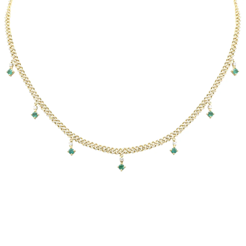 <span style="color:purple">SPECIAL!</span> 2.02ct G SI 14K Yellow Gold Diamond & Emerald Cuban Link Necklace 12" + 2" EXT