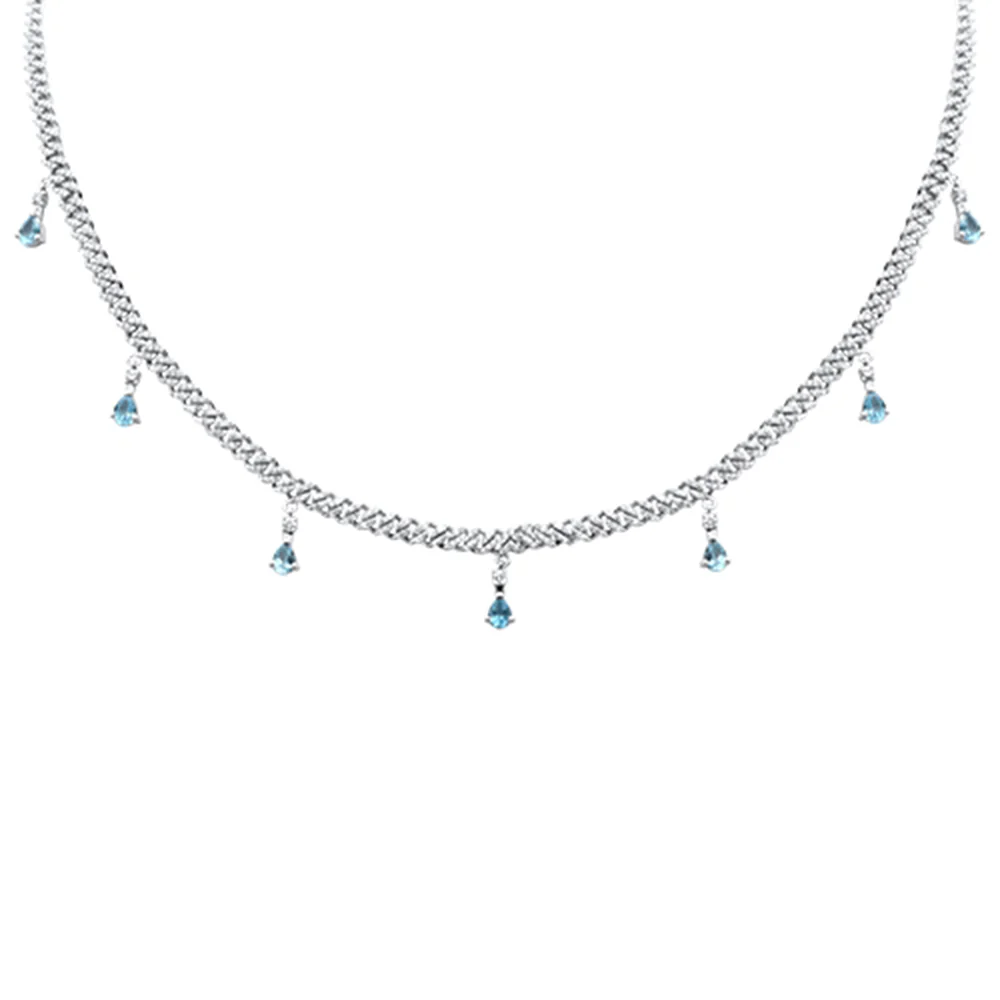 <span style="color:purple">SPECIAL!</span> 2.40ct G SI 14K White Gold Diamond & Aquamarine Cuban Link Necklace 12" + 4" EXT