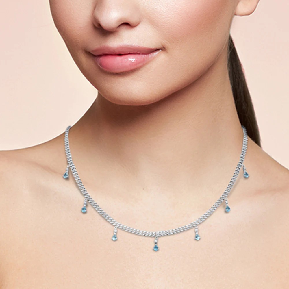 <span style="color:purple">SPECIAL!</span> 2.40ct G SI 14K White Gold Diamond & Aquamarine Cuban Link Necklace 12" + 4" EXT - Image 2
