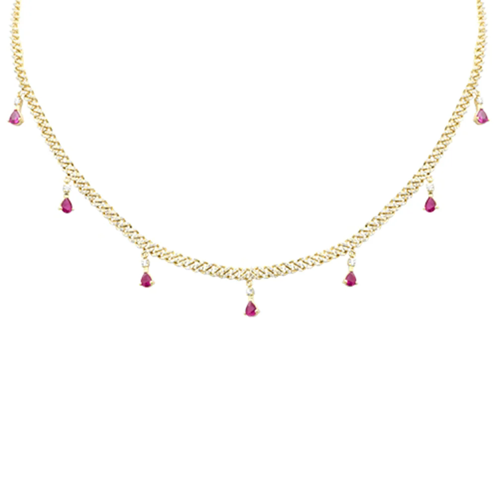 <span style="color:purple">SPECIAL!</span> 2.52ct G SI 14K Yellow Gold Diamond & Ruby Cuban Link Necklace 14" + 2" EXT
