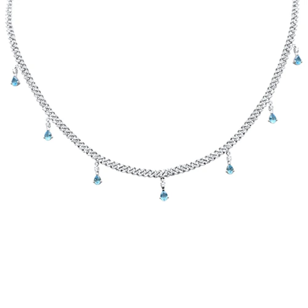 <span style="color:purple">SPECIAL!</span> 2.77ct G SI 14K White Gold Diamond & Aquamarine Cuban Link Necklace 14" + 2" EXT