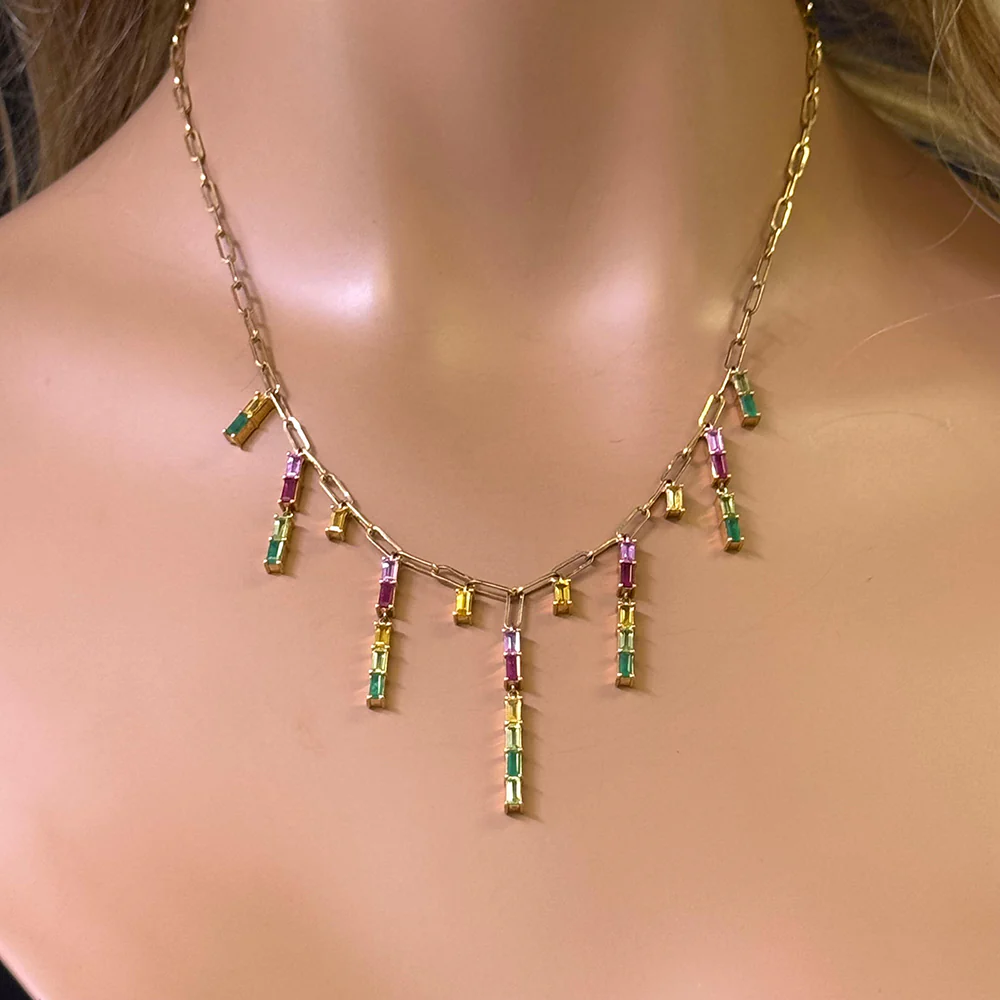 <span>GEMSTONE CLOSEOUT! </span> 4.35ct G SI 14K Yellow Gold Multi Color Gemstone Dangling Paper Clip Necklace 16" + 2" EXT