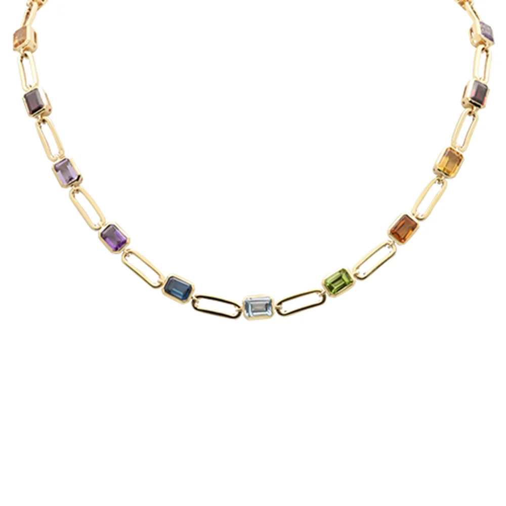 <span style="color:purple">SPECIAL!</span> 18.10ct G SI 14K Yellow Gold Multi Color Gemstone Paper Clip Necklace 16" + 2" EXT
