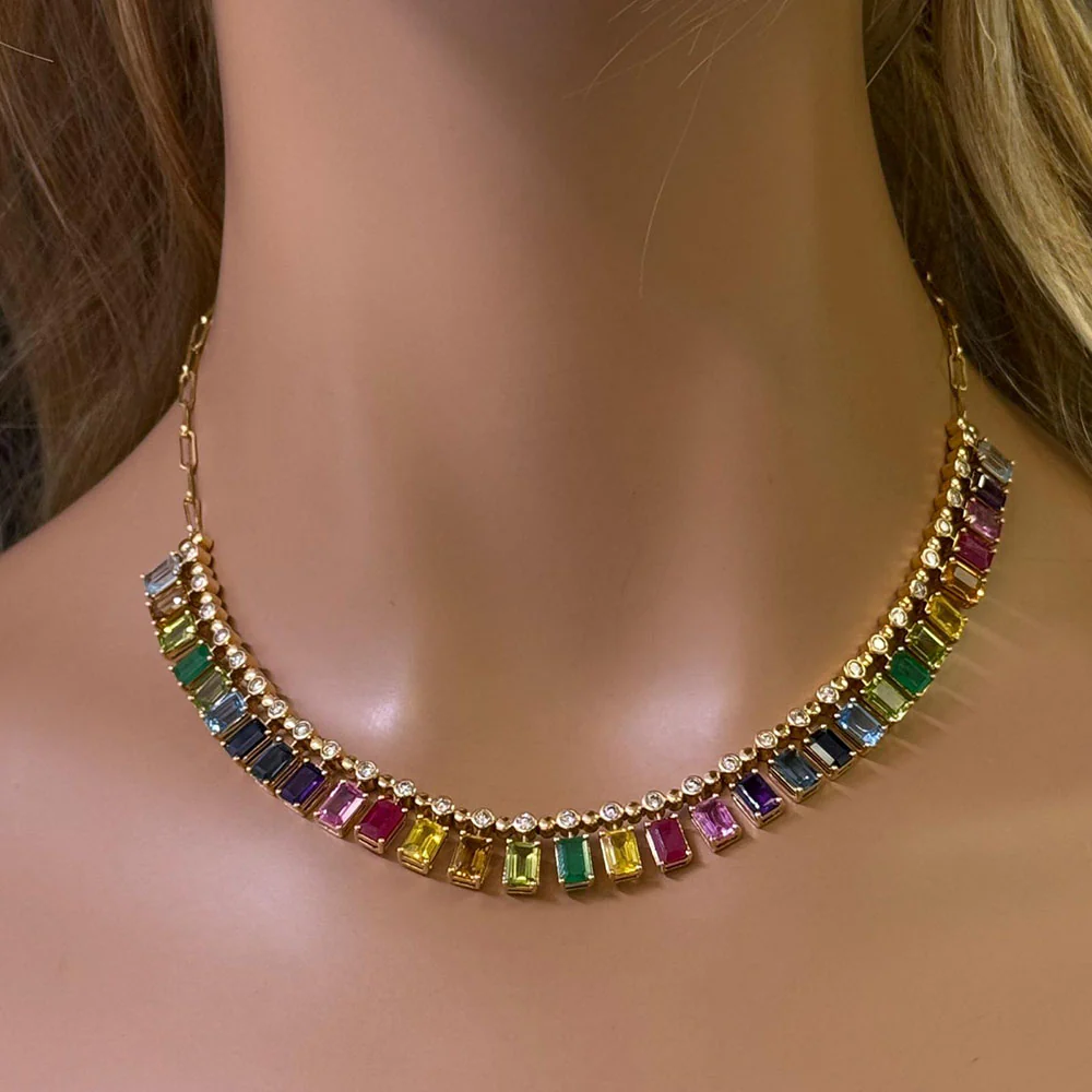 <span>DIAMOND CLOSEOUT! </span> 22.86ct G SI 14K Yellow Gold Diamond & Multi Color Gemstone Necklace 14" + 2" EXT