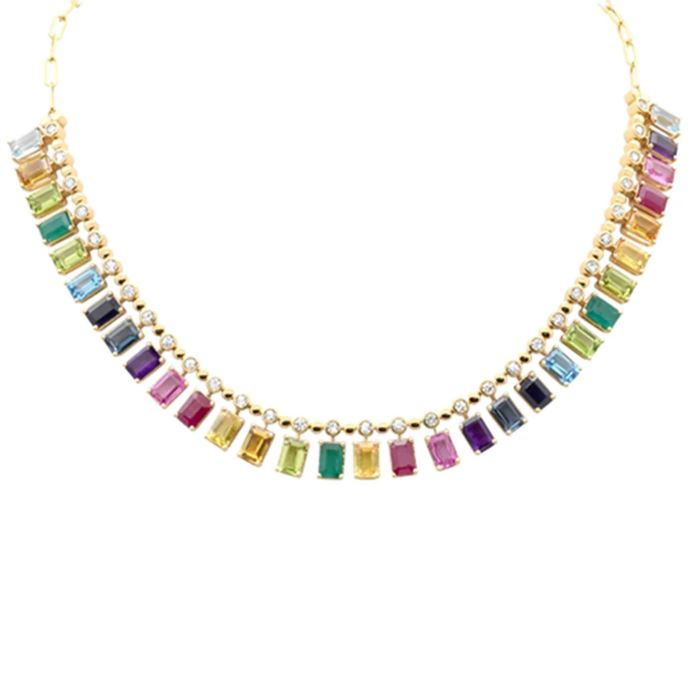 <span>DIAMOND CLOSEOUT! </span> 22.86ct G SI 14K Yellow Gold Diamond & Multi Color Gemstone Necklace 14" + 2" EXT - Image 2