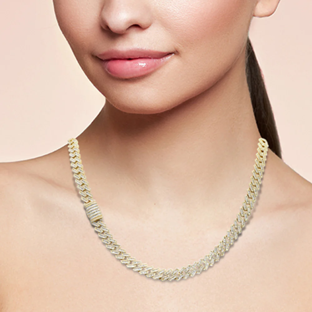 <span style="color:purple">SPECIAL!</span> 9MM 10.27ct G SI 14K Yellow Gold Baguette & Round Diamond Square Cuban Necklace 22" Long - Image 2