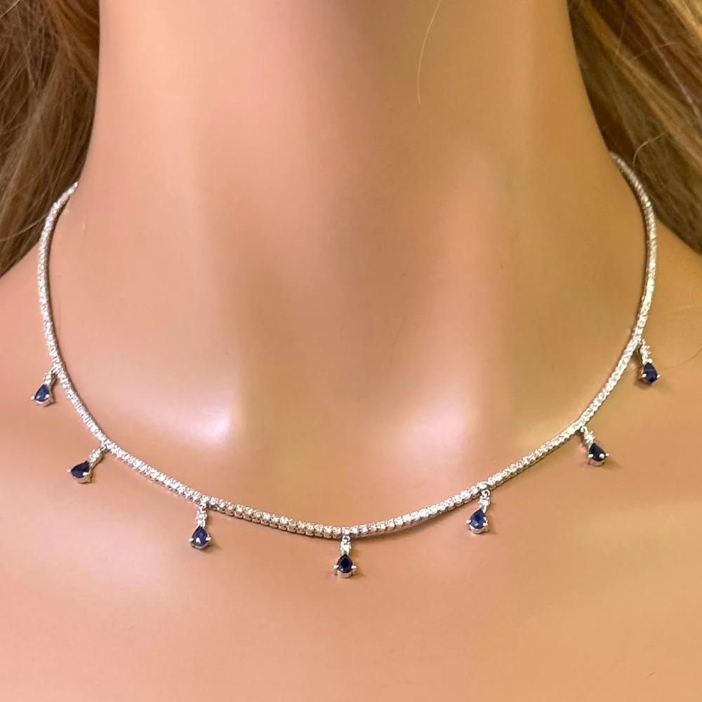 <span style="color:purple">SPECIAL!</span> 3.42ct G SI 14K White Gold Diamond & Blue Sapphire Gemstone Tennis Necklace 14" + 2" Long - Image 2